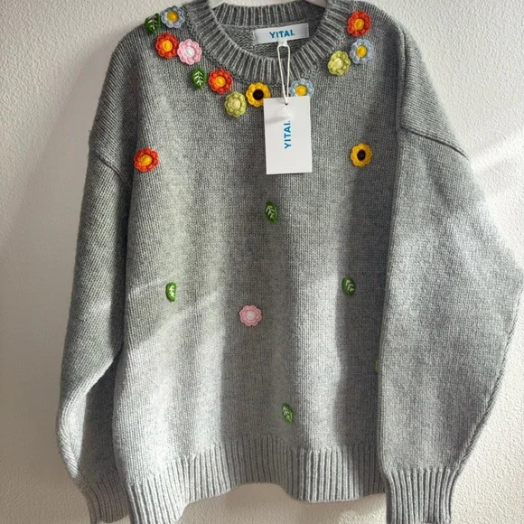 YITAI Lavender Field Hand Embroidery wool Sweater Women Large NWT - Picture 2 of 7